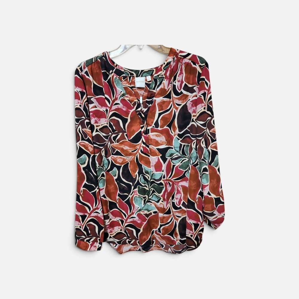 Zac & Rachel Womens Abstract Leaf Print Neck Long Sleeve Blouse Rust Red L 0605